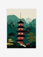 Japanese Pagoda Wall Art print depicting a red and black pagoda in a lush green forest with mountains in the background.