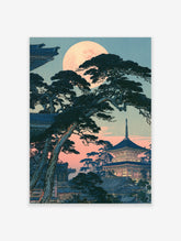 Japanese pagoda with pine trees under a full moon, illustrative twilight landscape art print