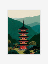 Japanese pagoda art print with a red and black tiered temple against green mountains and lush trees in an illustrative style.