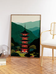 Japanese pagoda art print with a red and black tiered temple against green mountains and lush trees in an illustrative style. - Image 2