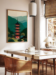 Japanese pagoda art print with a red and black tiered temple against green mountains and lush trees in an illustrative style. - Image 3