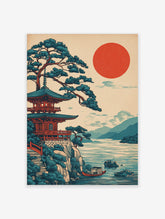 Japanese pagoda temple and pine tree on a cliff overlooking a lake with a red sun and mountains
