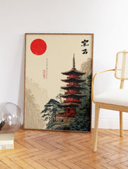 Traditional Japanese pagoda art print with a red sun, green pine trees, and misty mountains. - Image 2