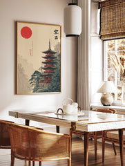 Traditional Japanese pagoda art print with a red sun, green pine trees, and misty mountains. - Image 3