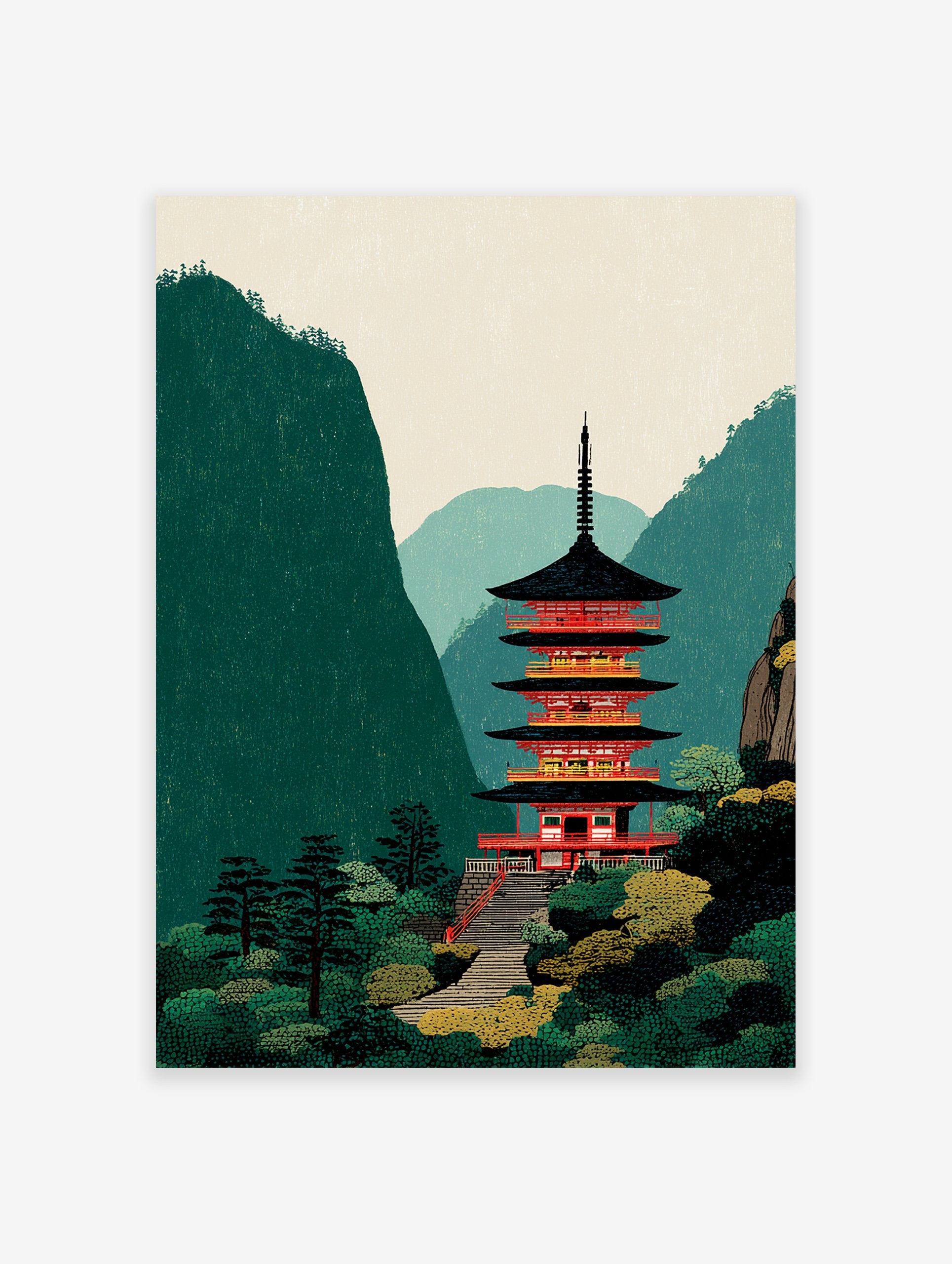 Illustration of a red Japanese pagoda temple with black roofs, surrounded by green mountains and trees, with a stone staircase.
