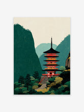 Illustration of a red Japanese pagoda temple with black roofs, surrounded by green mountains and trees, with a stone staircase.
