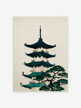 Illustrative Japanese pagoda with teal roofs and a green pine tree on a cream background