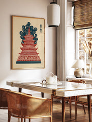 Japanese Pagoda Wall Art print with red temple and blue stylized clouds on textured beige paper - Image 2