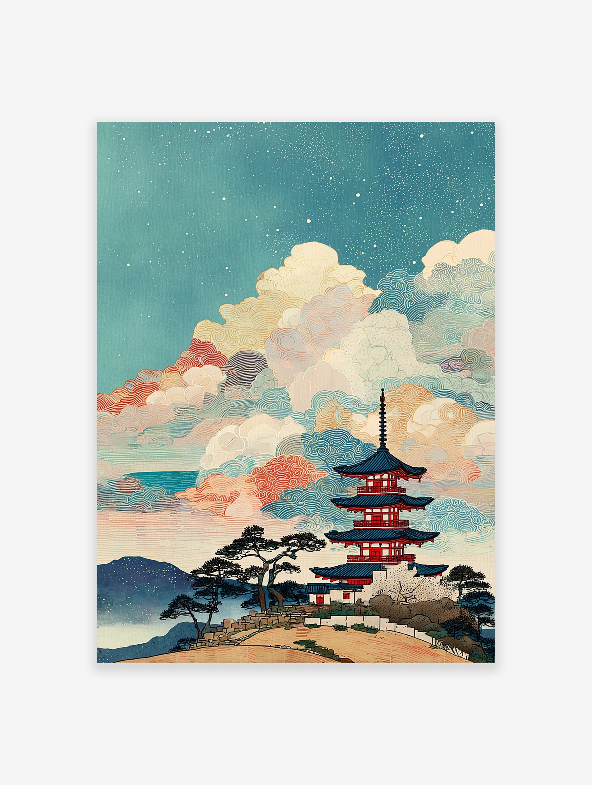 Japanese Pagoda Wall Art with a multi-tiered temple, pine trees, starry sky, and stylized clouds in Ukiyo-e style.