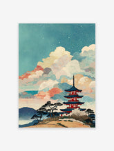 Japanese Pagoda Wall Art with a multi-tiered temple, pine trees, starry sky, and stylized clouds in Ukiyo-e style.