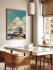 Japanese Pagoda Wall Art with a multi-tiered temple, pine trees, starry sky, and stylized clouds in Ukiyo-e style. - Image 2