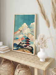 Japanese Pagoda Wall Art with a multi-tiered temple, pine trees, starry sky, and stylized clouds in Ukiyo-e style. - Image 3