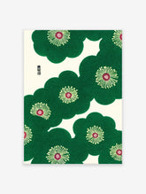 Green stylized flowers with red centers in a traditional Japanese pattern wall art, featuring intricate textures on a cream background.