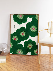 Green stylized flowers with red centers in a traditional Japanese pattern wall art, featuring intricate textures on a cream background. - Image 2