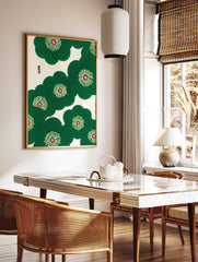 Green stylized flowers with red centers in a traditional Japanese pattern wall art, featuring intricate textures on a cream background. - Image 3