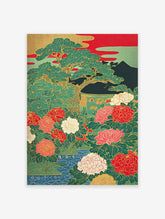 Japanese Peony & Pine Tree poster with vibrant red, pink, green, and gold colors, depicting a traditional botanical garden scene.