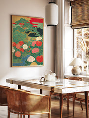 Japanese Peony & Pine Tree poster with vibrant red, pink, green, and gold colors, depicting a traditional botanical garden scene. - Image 2