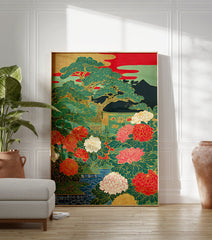 Japanese Peony & Pine Tree poster with vibrant red, pink, green, and gold colors, depicting a traditional botanical garden scene. - Image 3