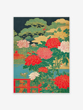Japanese Peony Poster featuring vibrant red and white flowers, green pine trees, and a red pavilion in traditional Asian style.