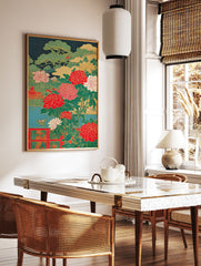 Japanese Peony Poster featuring vibrant red and white flowers, green pine trees, and a red pavilion in traditional Asian style. - Image 2