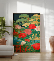 Japanese Peony Poster featuring vibrant red and white flowers, green pine trees, and a red pavilion in traditional Asian style. - Image 3