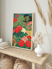 Japanese peony poster with vibrant red flowers, green leaves, and a traditional fence detail on a dark teal background. - Image 4