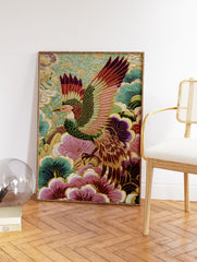 Embroidered Japanese phoenix bird with colorful wings and tail feathers amidst teal and purple floral patterns. - Image 2