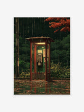 Japanese phone booth poster in the rain at night, with red autumn leaves and green trees, reflecting on wet ground, anime style.