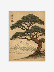 Japanese woodblock print of a pine tree with green foliage, Mount Fuji, and calligraphy on a beige background