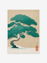 Japanese pine tree art print with snow on branches against a beige background. Ukiyo-e winter landscape.
