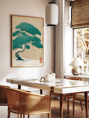 Japanese pine tree art print with snow on branches against a beige background. Ukiyo-e winter landscape. - Image 2
