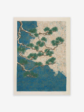 Japanese Pine Tree poster with green branches over a blue and cream background with swirling gold lines.