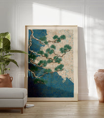 Japanese Pine Tree poster with green branches over a blue and cream background with swirling gold lines. - Image 3