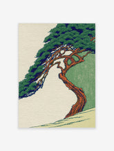 Japanese pine tree poster with leaning red-brown trunk and green needle clusters on a soft green background