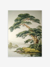 Japanese Pine Tree poster by a lake with distant mountains, illustrated in a traditional Asian art style.