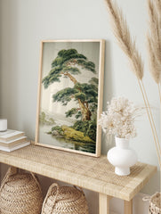 Japanese Pine Tree poster by a lake with distant mountains, illustrated in a traditional Asian art style. - Image 4