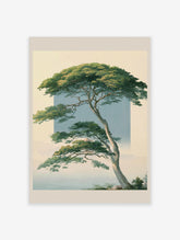Japanese pine tree art print with layered green foliage, pale blue backdrop and pavilion