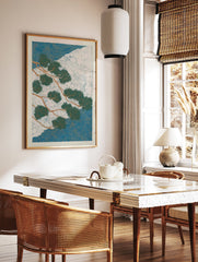Japanese Pine Tree Poster depicting green branches over a white mountain and blue swirling water patterns. - Image 2