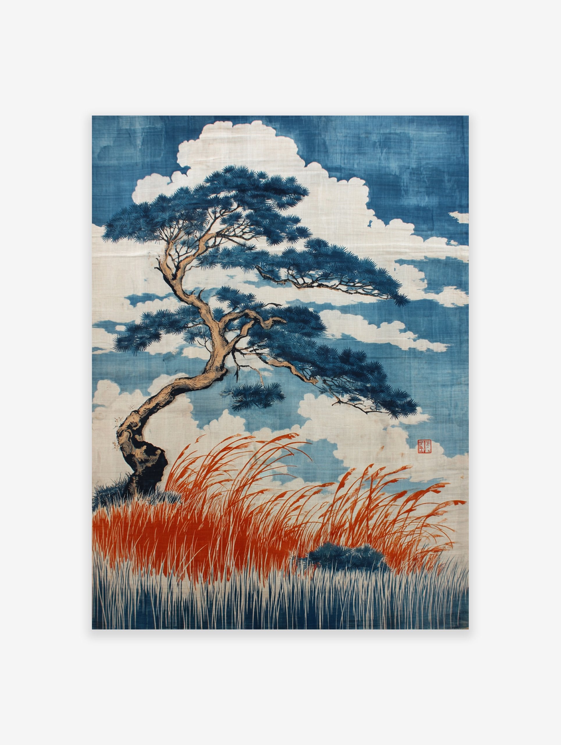 Japanese Pine Tree Poster featuring a blue pine tree, red grass, and white clouds in Ukiyo-e art style.