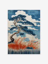 Japanese Pine Tree Poster featuring a blue pine tree, red grass, and white clouds in Ukiyo-e art style.