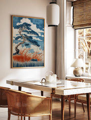 Japanese Pine Tree Poster featuring a blue pine tree, red grass, and white clouds in Ukiyo-e art style. - Image 2