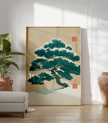 Traditional Japanese woodblock print featuring a snow-covered pine tree on a beige background, with red seals and text. - Image 3