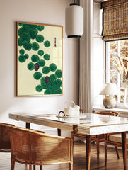 Traditional Japanese pine tree botanical illustration wall art with green needles and maroon pine cones on a cream background. - Image 3