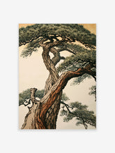 Japanese pine tree art print with twisted brown trunk and layered green needles on beige background