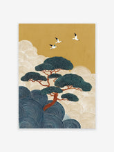 Japanese wall art with a large pine tree, three flying cranes, golden sky, and blue and cream stylized waves.