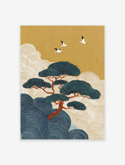 Japanese wall art with a large pine tree, three flying cranes, golden sky, and blue and cream stylized waves.