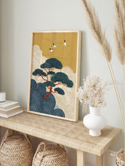 Japanese wall art with a large pine tree, three flying cranes, golden sky, and blue and cream stylized waves. - Image 3