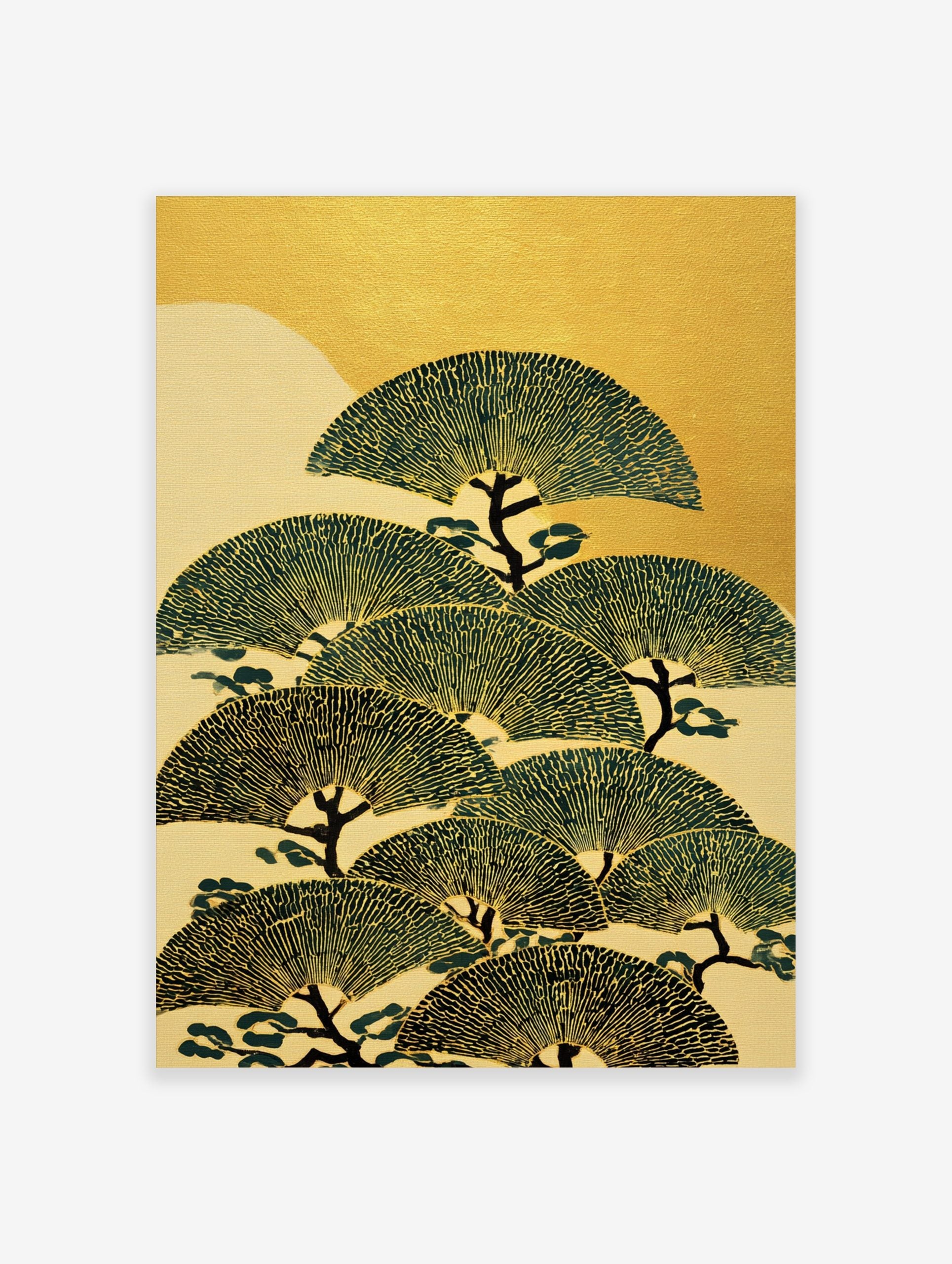 Stylised Japanese pine trees with fan-shaped green foliage and dark trunks against a gold and cream background