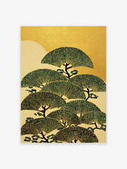 Stylised Japanese pine trees with fan-shaped green foliage and dark trunks against a gold and cream background