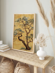 Japanese pine tree illustration with twisted brown trunks and green-blue needles on a gold, in an alternate framed mockup